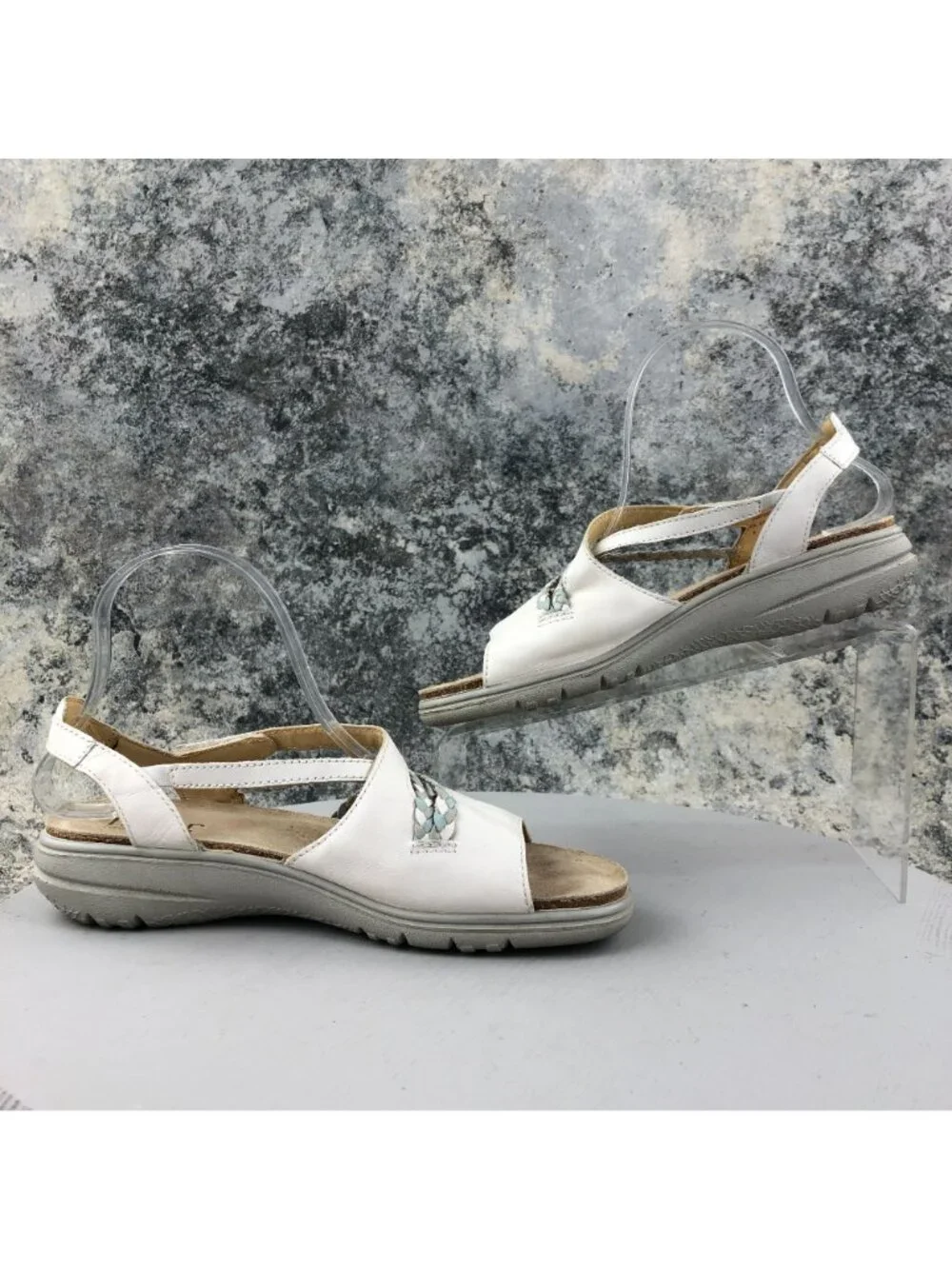 Hotter Women's Size 8 Inspire White Leather Braided Open Toe Hook & Loop Sandals